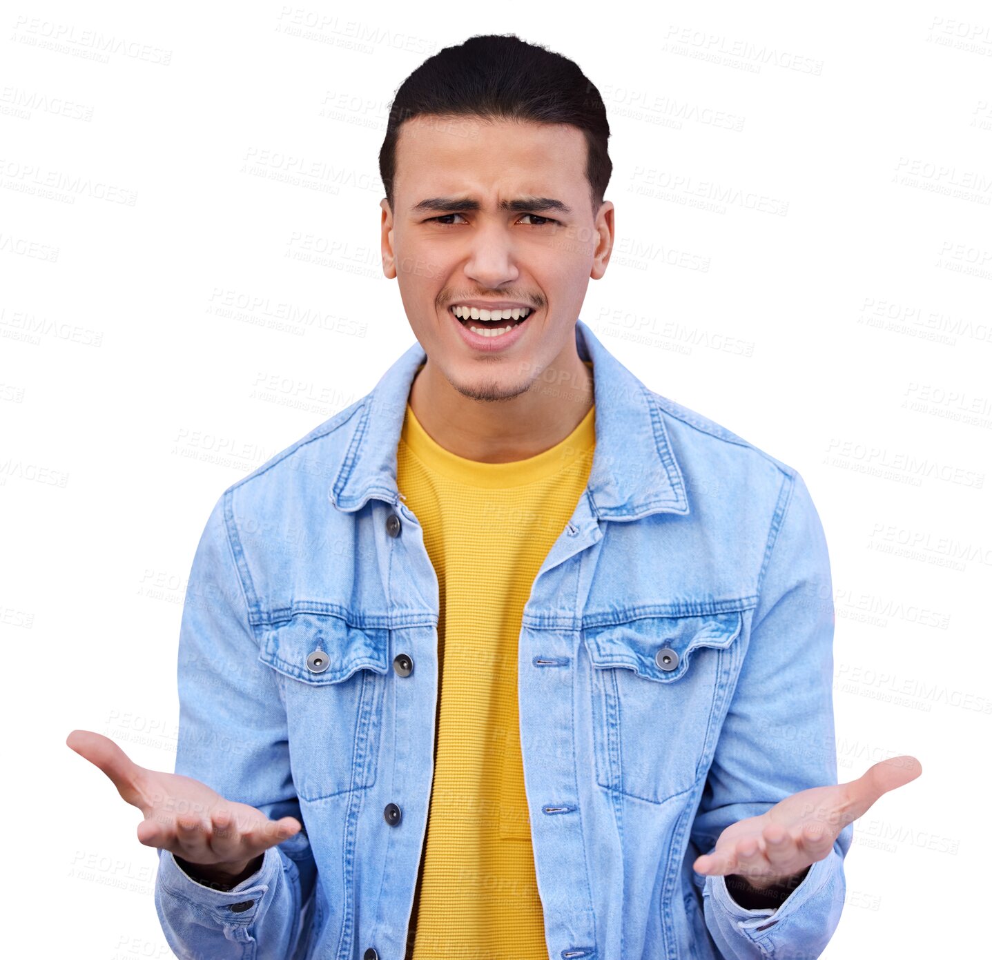 Buy stock photo Stress, portrait and man with hands, confused and isolated on transparent png background. Mental health, anxiety and asking or male model person, frustrated and decision or choice, burnout and doubt