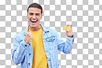 Man, portrait and excited in celebration with credit card for di