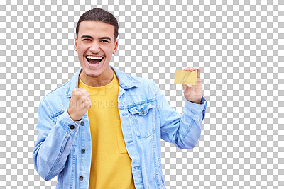 Buy stock photo Isolated man, credit card and fist celebration for bonus, profit or success by transparent png background. Investor, trader and person with cheers, banking and money in portrait, prize and giveaway