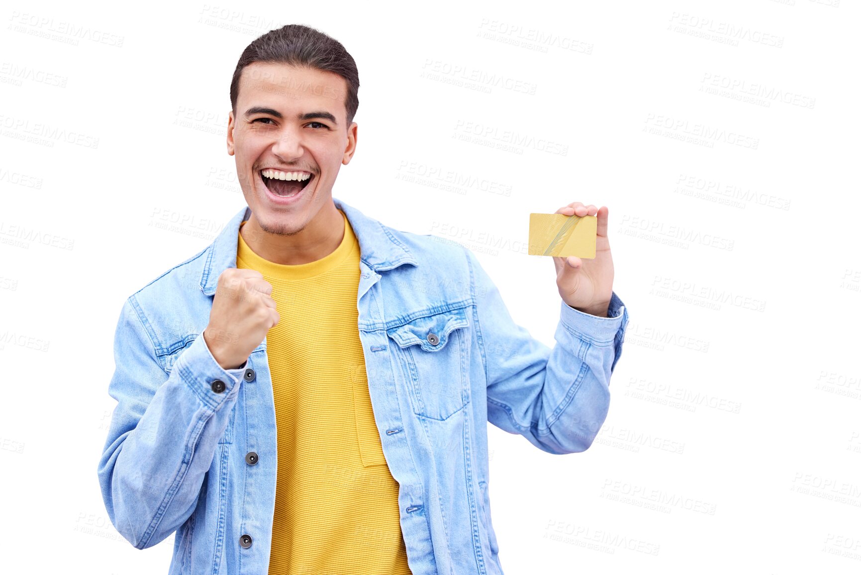 Buy stock photo Isolated man, credit card and fist celebration for bonus, profit or success by transparent png background. Investor, trader and person with cheers, banking and money in portrait, prize and giveaway