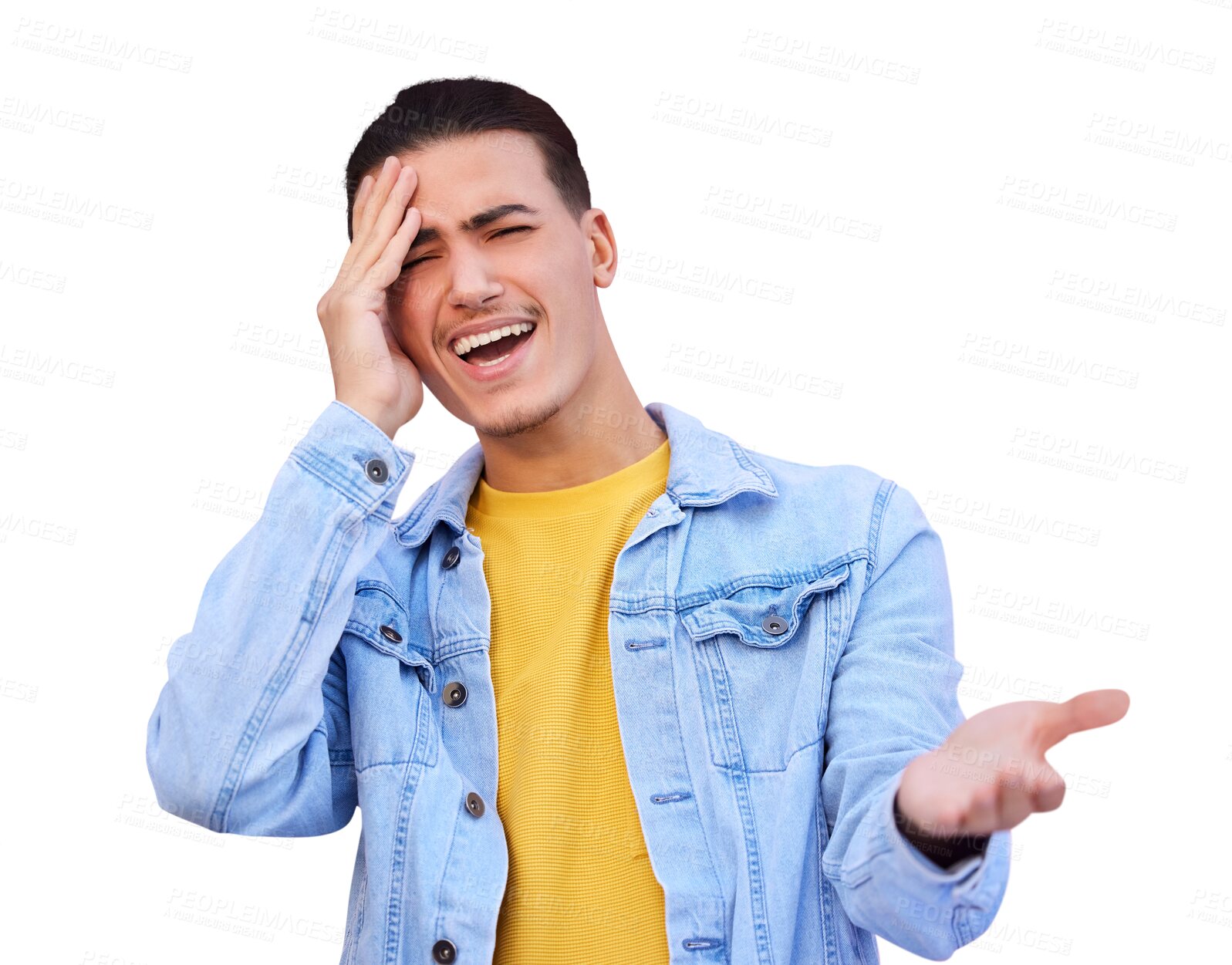 Buy stock photo Stress, portrait and man with headache, confused and isolated on transparent png background. Mental health, anxiety and doubt or male model, frustrated and tension migraine in burnout, wtf and asking