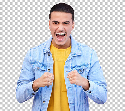 Buy stock photo Man, portrait and excited scream with fist to celebrate deal, promotion and winning lottery isolated on transparent png background. Success, giveaway winner and shout for bonus, prize and achievement