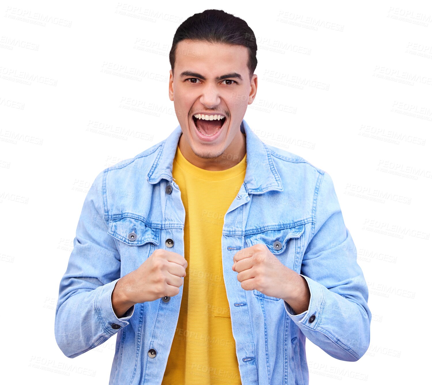 Buy stock photo Man, portrait and excited scream with fist to celebrate deal, promotion and winning lottery isolated on transparent png background. Success, giveaway winner and shout for bonus, prize and achievement