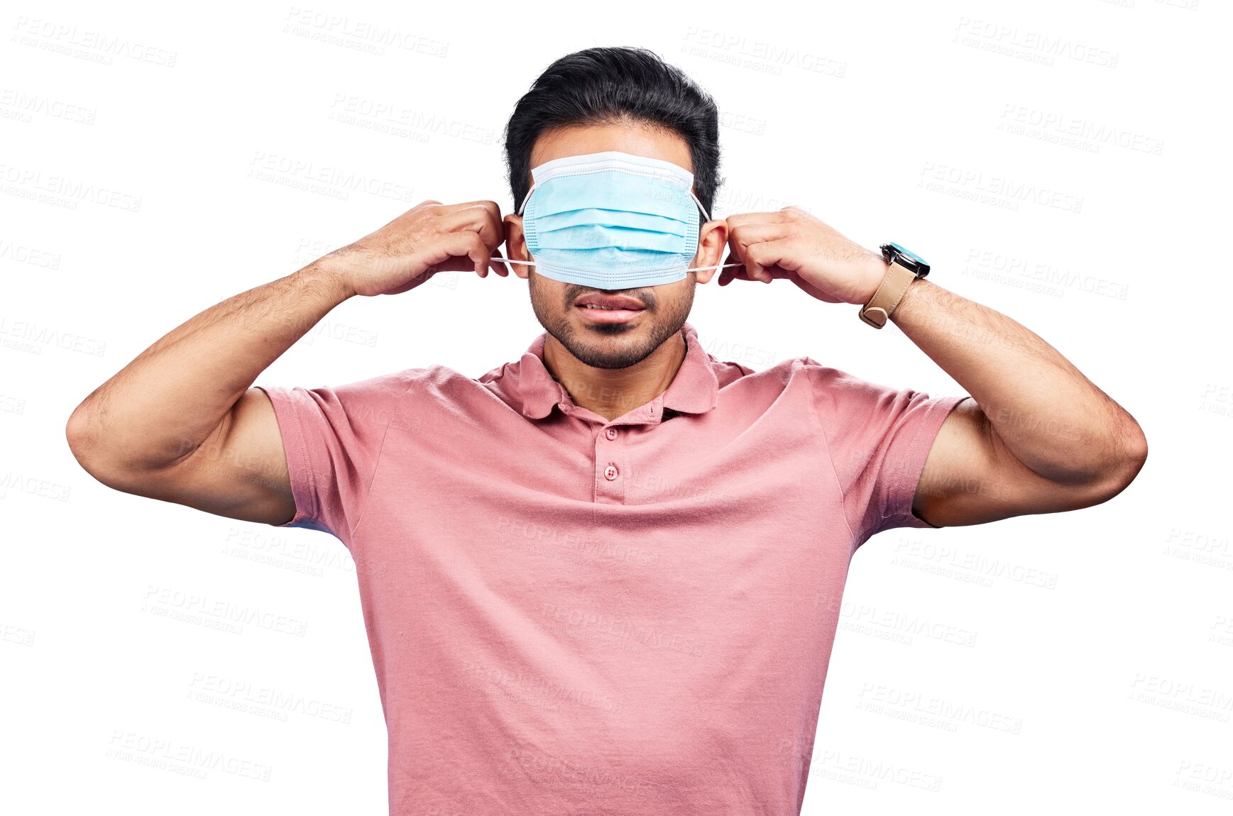 Buy stock photo Face mask, blind to covid regulations and a man isolated on a transparent background for protection. Compliance, confused or doubt and a young person on PNG with eyes covered for medical health