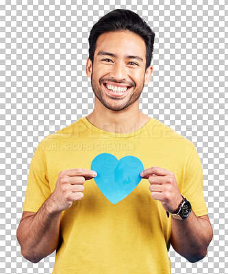 Buy stock photo Portrait, smile and man with paper heart isolated on transparent png background with kindness, like or opinion. Face of happy person with love sign, icon or emoji for peace, respect and romantic care