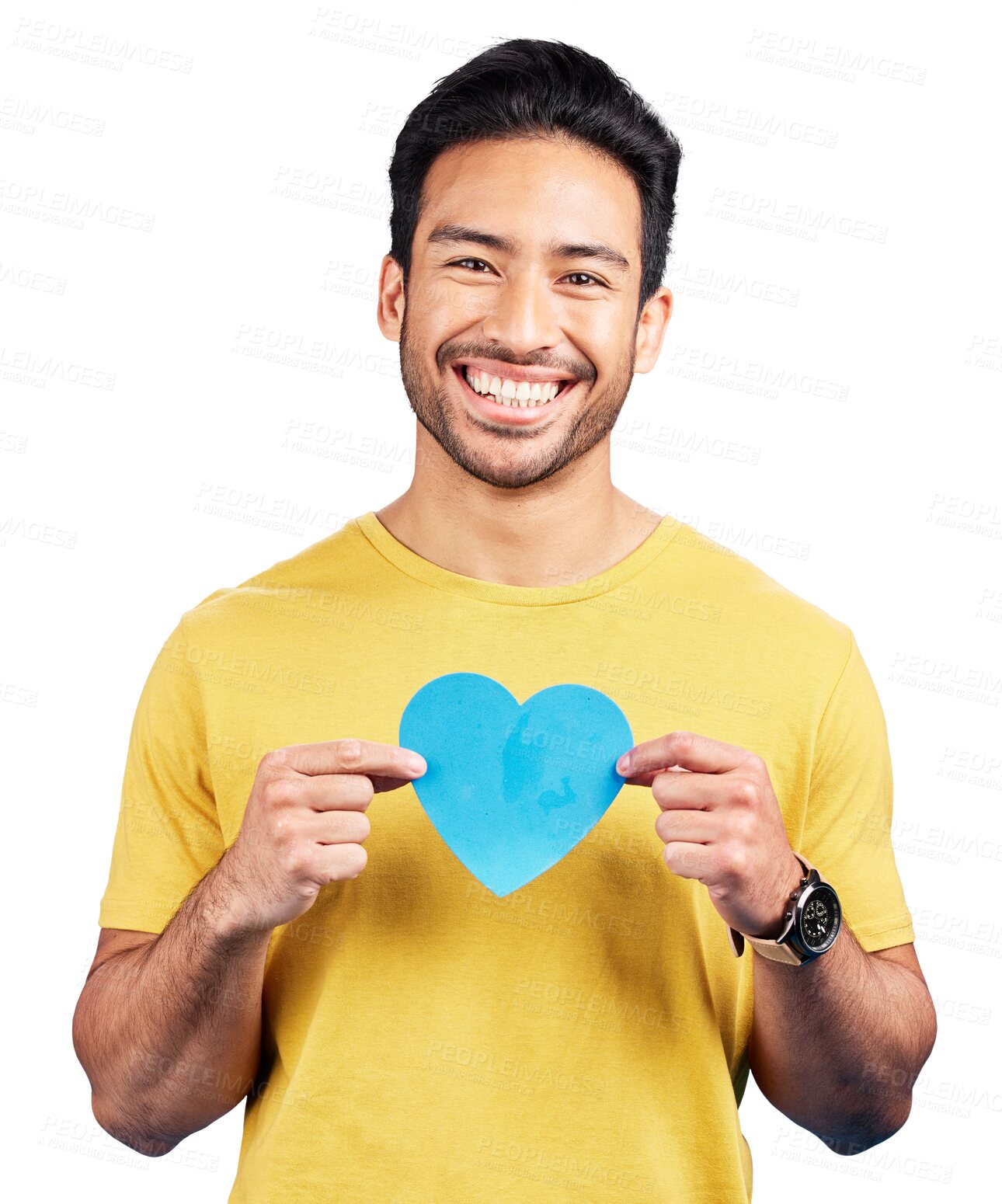 Buy stock photo Portrait, smile and man with paper heart isolated on transparent png background with kindness, like or opinion. Face of happy person with love sign, icon or emoji for peace, respect and romantic care