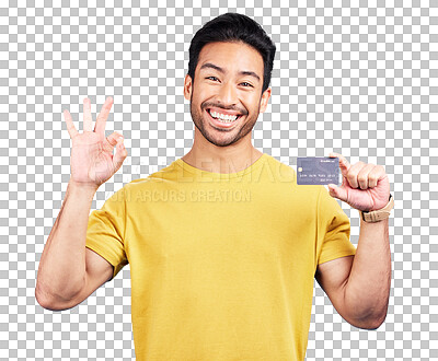 Buy stock photo Man, portrait or sign okay as banking card or ecommerce as online shopping payment, isolated on transparent png background. Asian person, hand symbol as credit solution, financial savings or tap pay