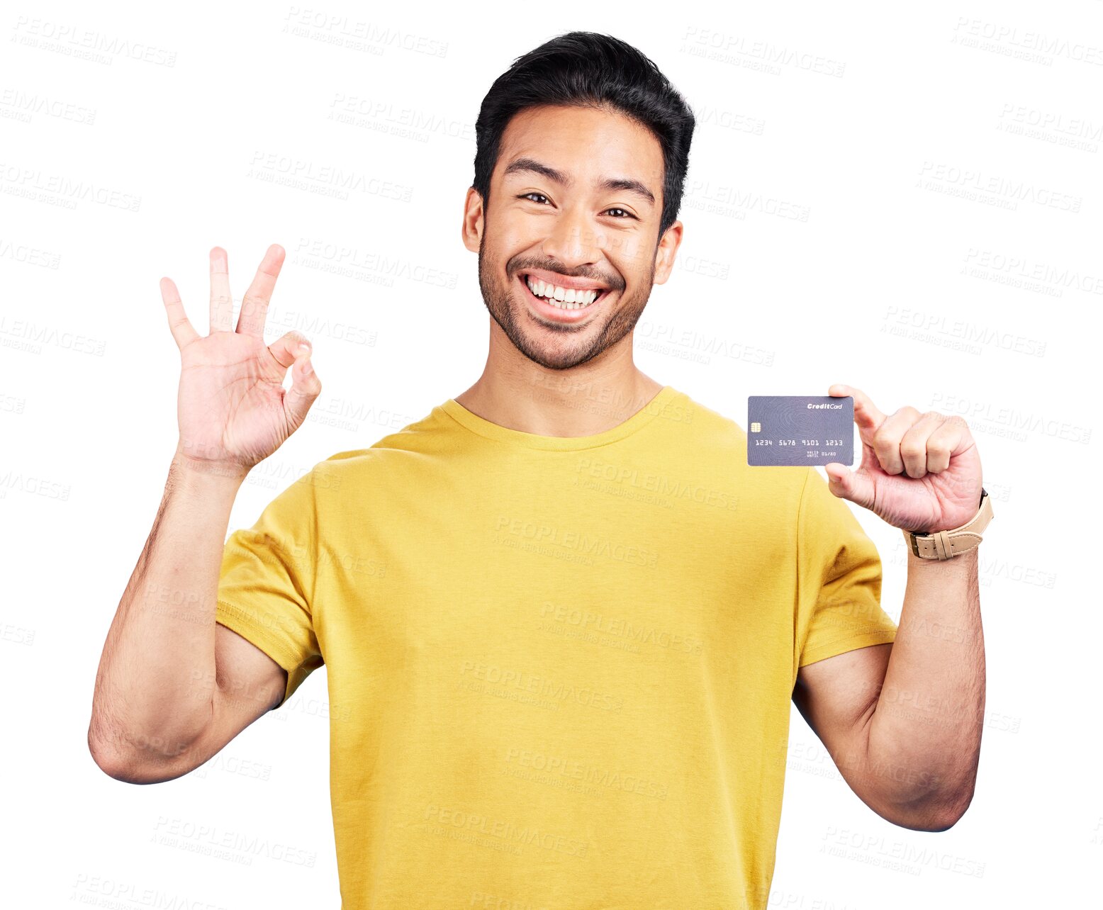 Buy stock photo Man, portrait or sign okay as banking card or ecommerce as online shopping payment, isolated on transparent png background. Asian person, hand symbol as credit solution, financial savings or tap pay