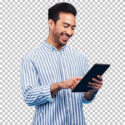 Tablet, man and smile in a studio on social media, internet and website app scroll. Happiness, isolated, and blue background with a male model reading a ebook on a digital networking application