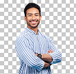 Portrait of happy man in shirt, blue background and positive attitude with smile on face isolated on studio backdrop. Confidence, happiness and professional male model with pride and mockup space.