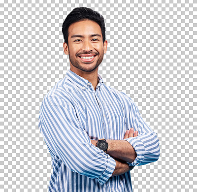 Buy stock photo Portrait, arms crossed and Asian man in shirt, fashion and confident guy isolated on transparent background. Face, person or model with positive attitude, happiness or png with joy, cheerful or peace