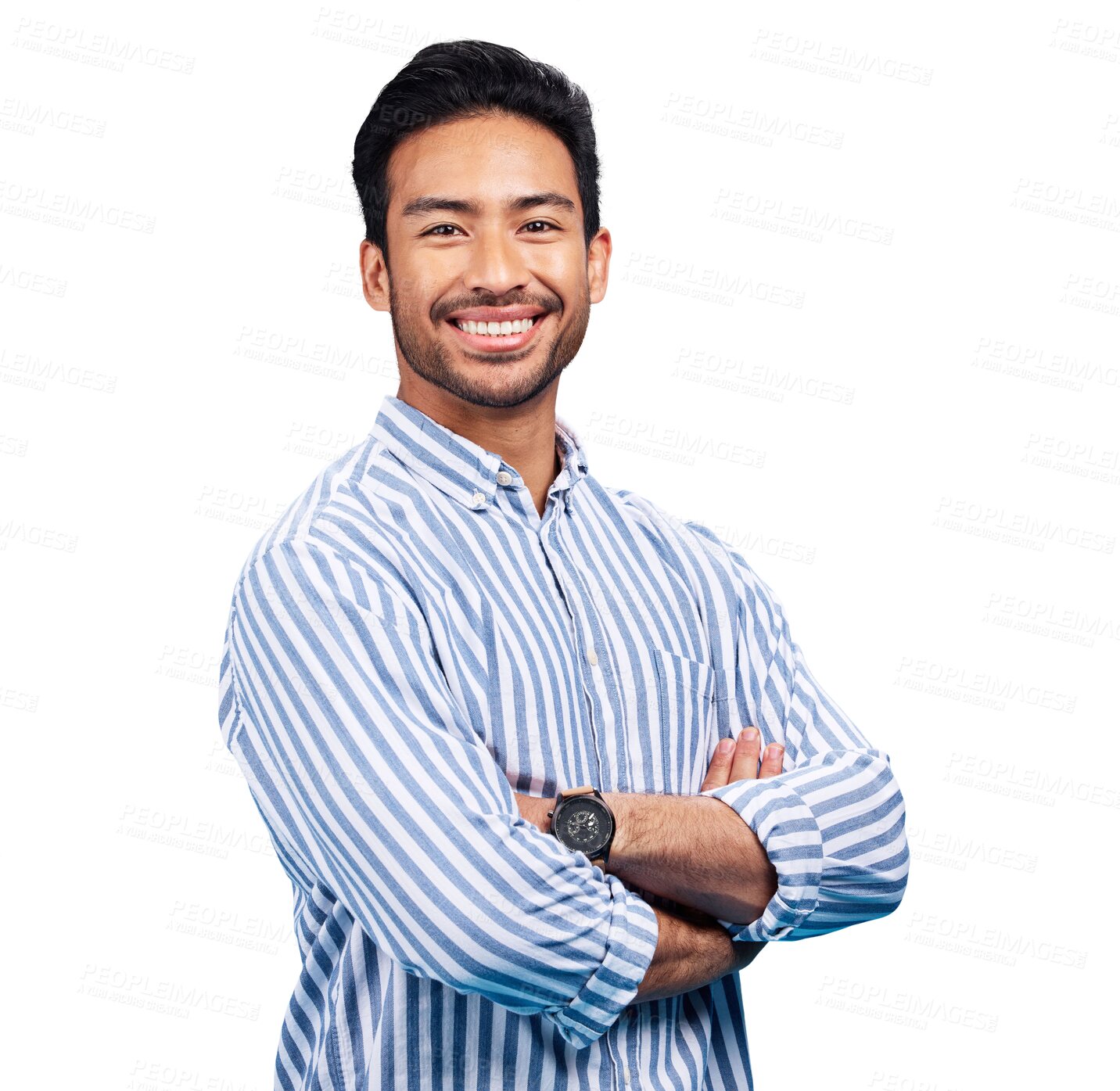 Buy stock photo Portrait, arms crossed and Asian man in shirt, fashion and confident guy isolated on transparent background. Face, person or model with positive attitude, happiness or png with joy, cheerful or peace