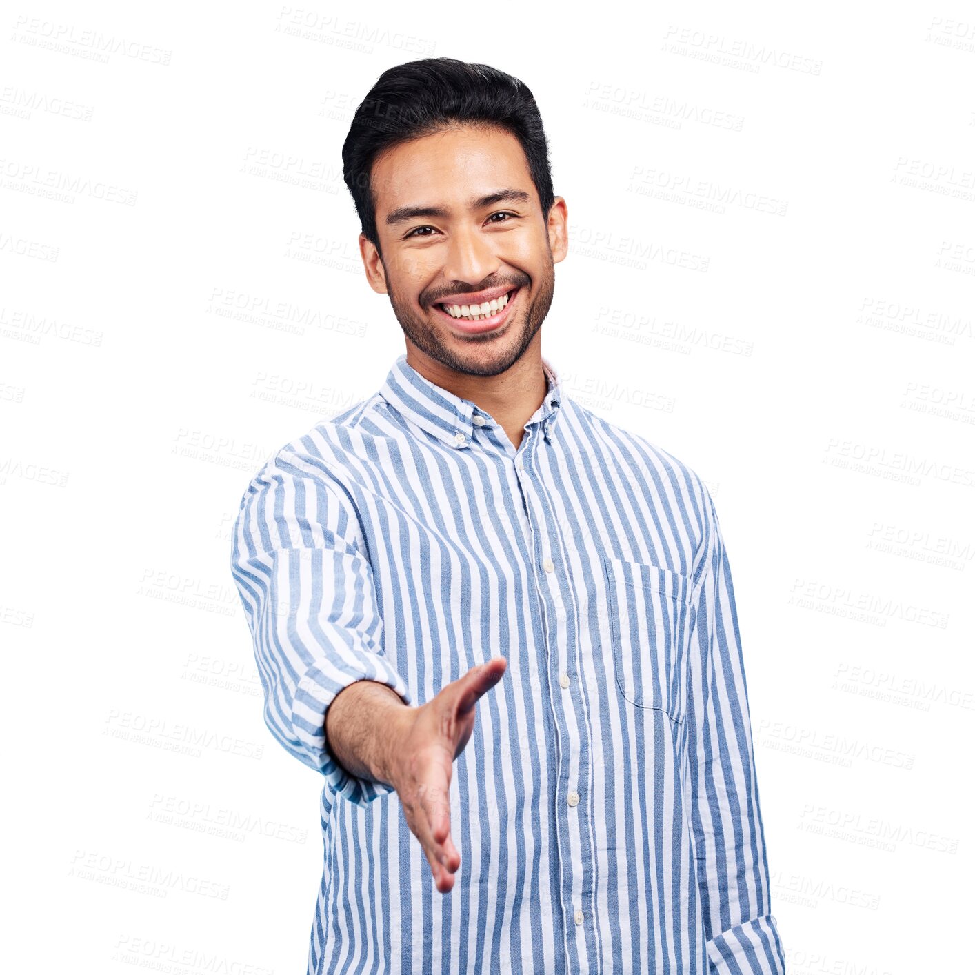 Buy stock photo Man, portrait and offer handshake for welcome, hiring or introduction of agreement isolated on transparent png background. Happy asian model, hello or shaking hands for networking, recruiting or deal