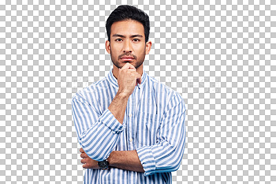 Buy stock photo Portrait, thinking and serious with a business man isolated on a transparent background for problem solving. Mindset, future and idea with a confident young employee on PNG for brainstorm planning