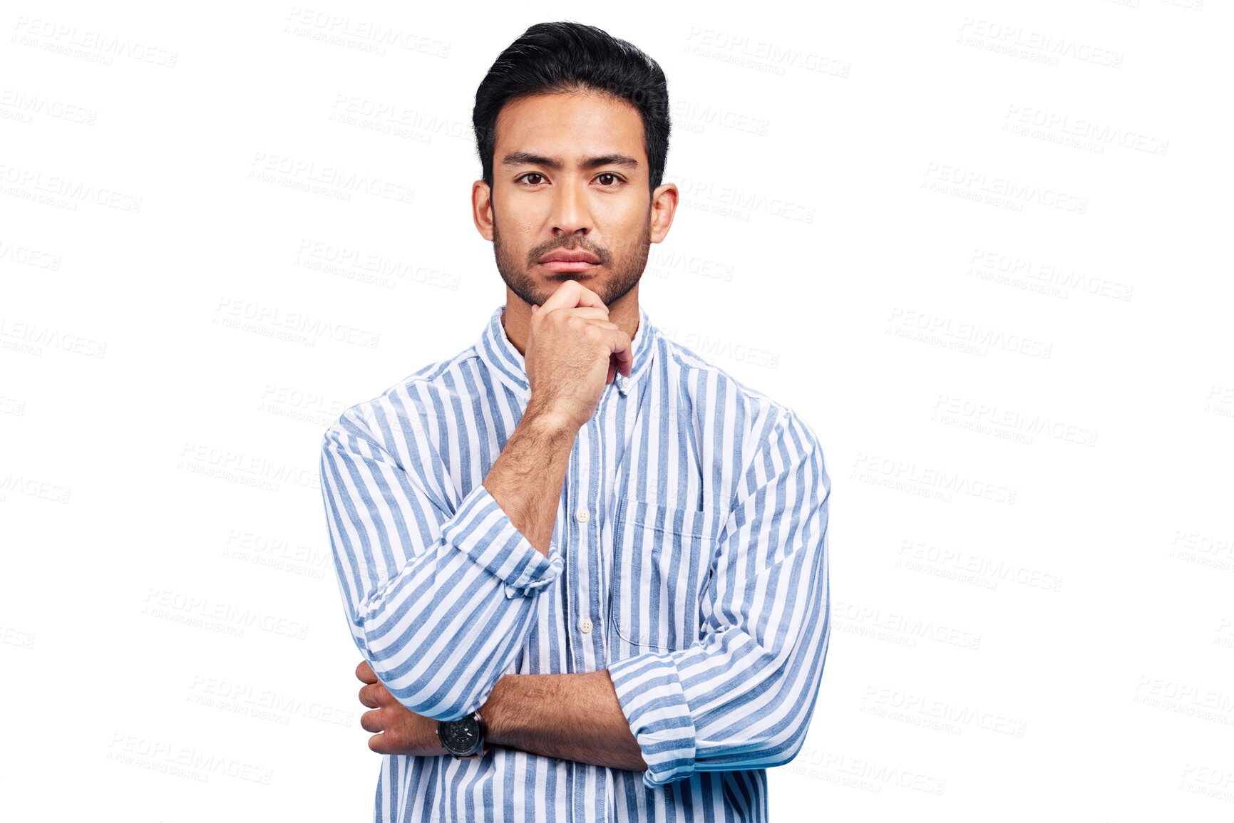 Buy stock photo Portrait, thinking and serious with a business man isolated on a transparent background for problem solving. Mindset, future and idea with a confident young employee on PNG for brainstorm planning