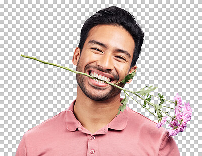 Buy stock photo Isolated man, happy and flower in teeth, portrait or flirt with anniversary gift by transparent png background. Funny person, plant or smile for floral present in mouth for valentines day celebration