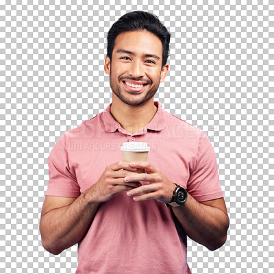 Buy stock photo Portrait, smile and coffee with an asian man isolated on a transparent background to drink a takeaway beverage. Tea, relax and a happy young person holding a paper cup for drinking caffeine on PNG