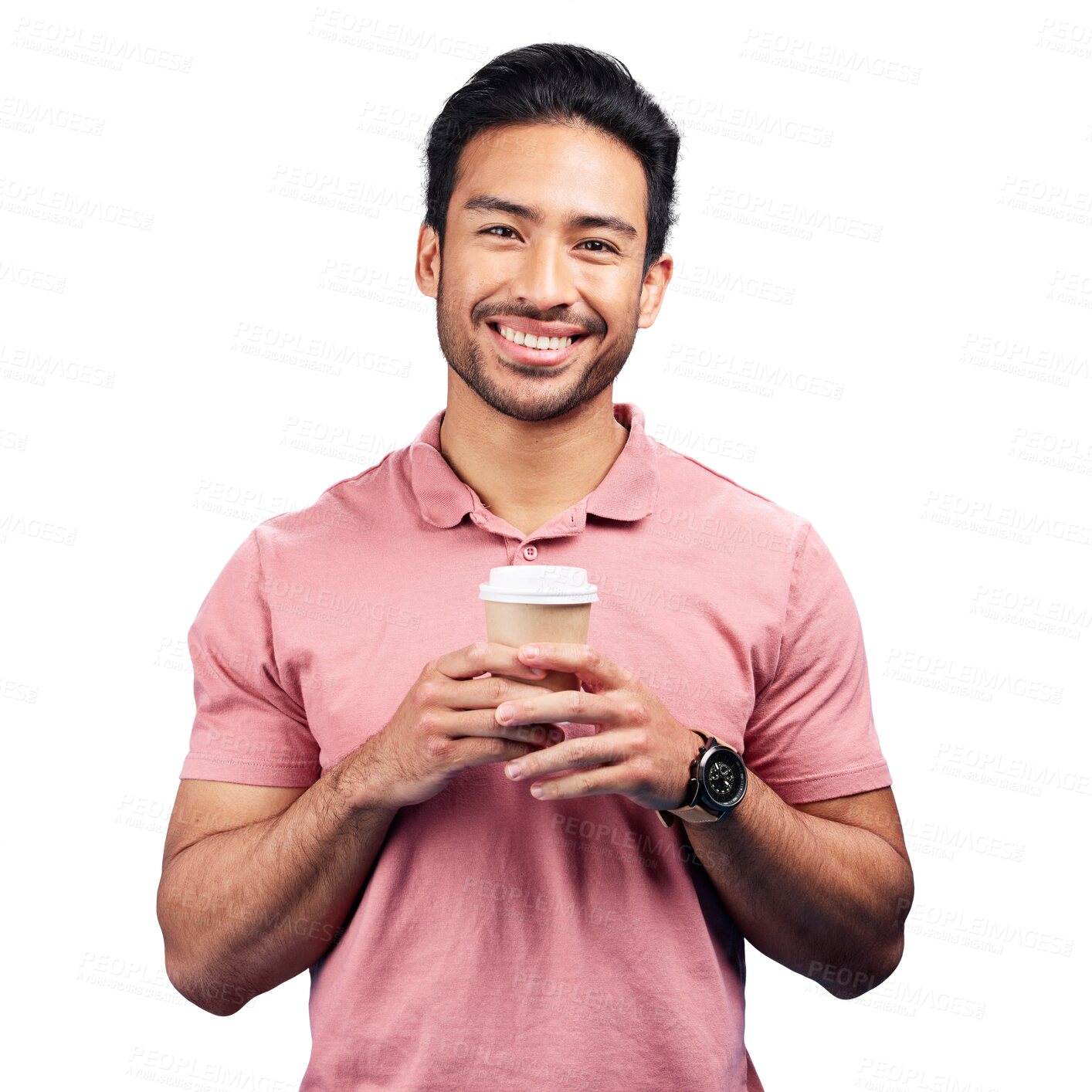 Buy stock photo Portrait, smile and coffee with an asian man isolated on a transparent background to drink a takeaway beverage. Tea, relax and a happy young person holding a paper cup for drinking caffeine on PNG