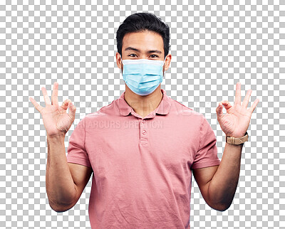 Buy stock photo Man, face mask and portrait with infection, okay hand sign and safety on isolated transparent png background. Disease, sick and person with emoji and health compliance, risk and transmission virus