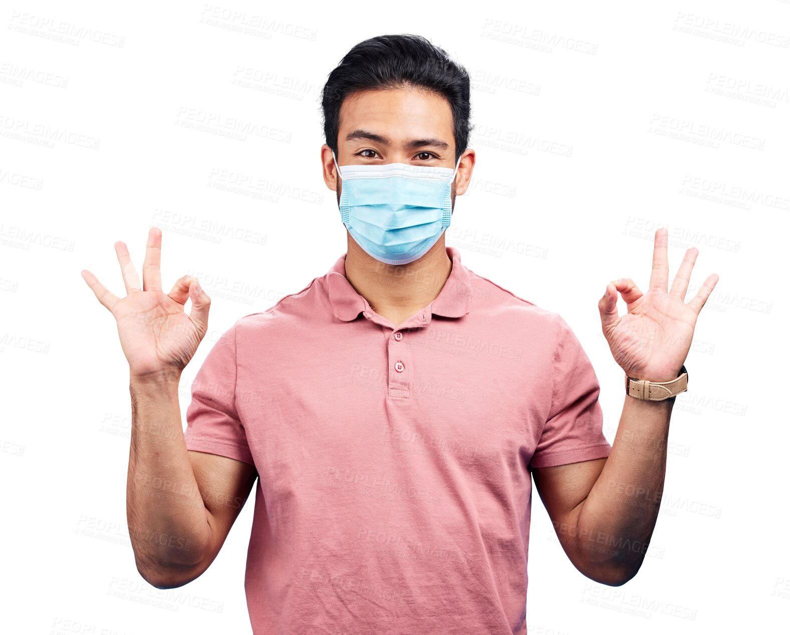 Buy stock photo Man, face mask and portrait with infection, okay hand sign and safety on isolated transparent png background. Disease, sick and person with emoji and health compliance, risk and transmission virus