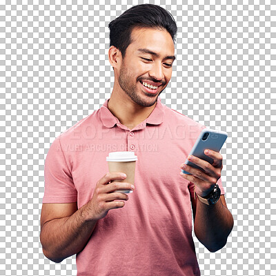 Smile, coffee and man with phone in studio isolated on a blue background. Tea, cellphone and happiness of Asian person with drink, caffeine and mobile for social media, typing online or texting.