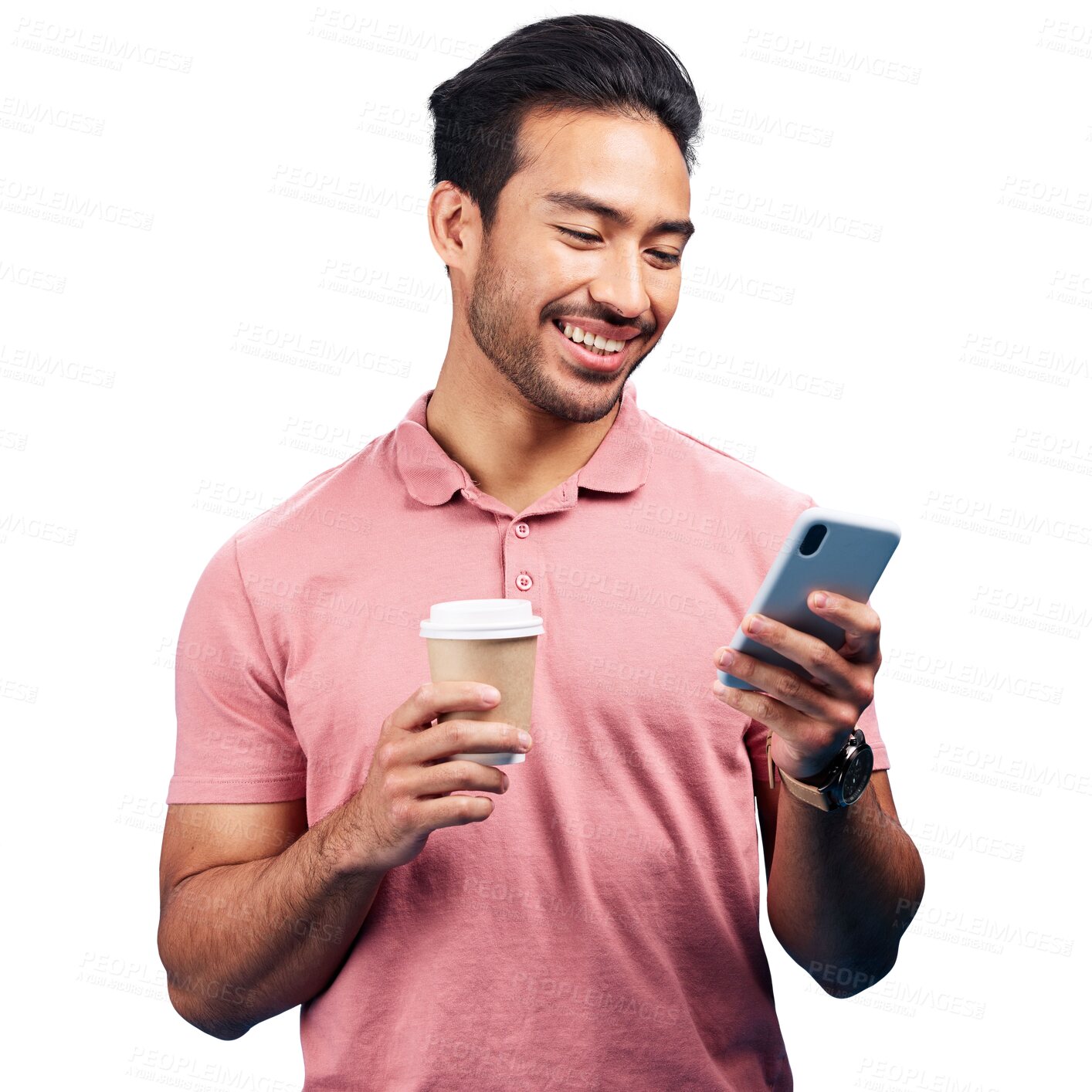 Buy stock photo Happy man, coffee and phone with texting for communication, email or social media. Asian person, entrepreneur or startup with mobile by internet on isolated or transparent png background by cellular