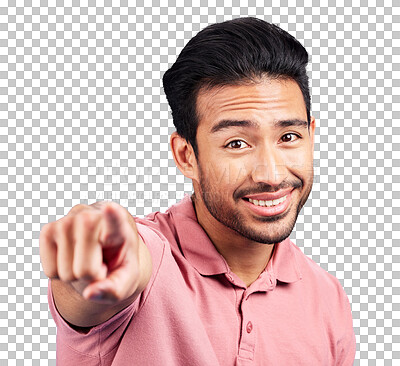 Buy stock photo Man, portrait and pointing for winner choice or you decision, isolated on transparent png. Asian person, yes hand gesture and smile for recruitment confident direction emoji, hiring or opportunity