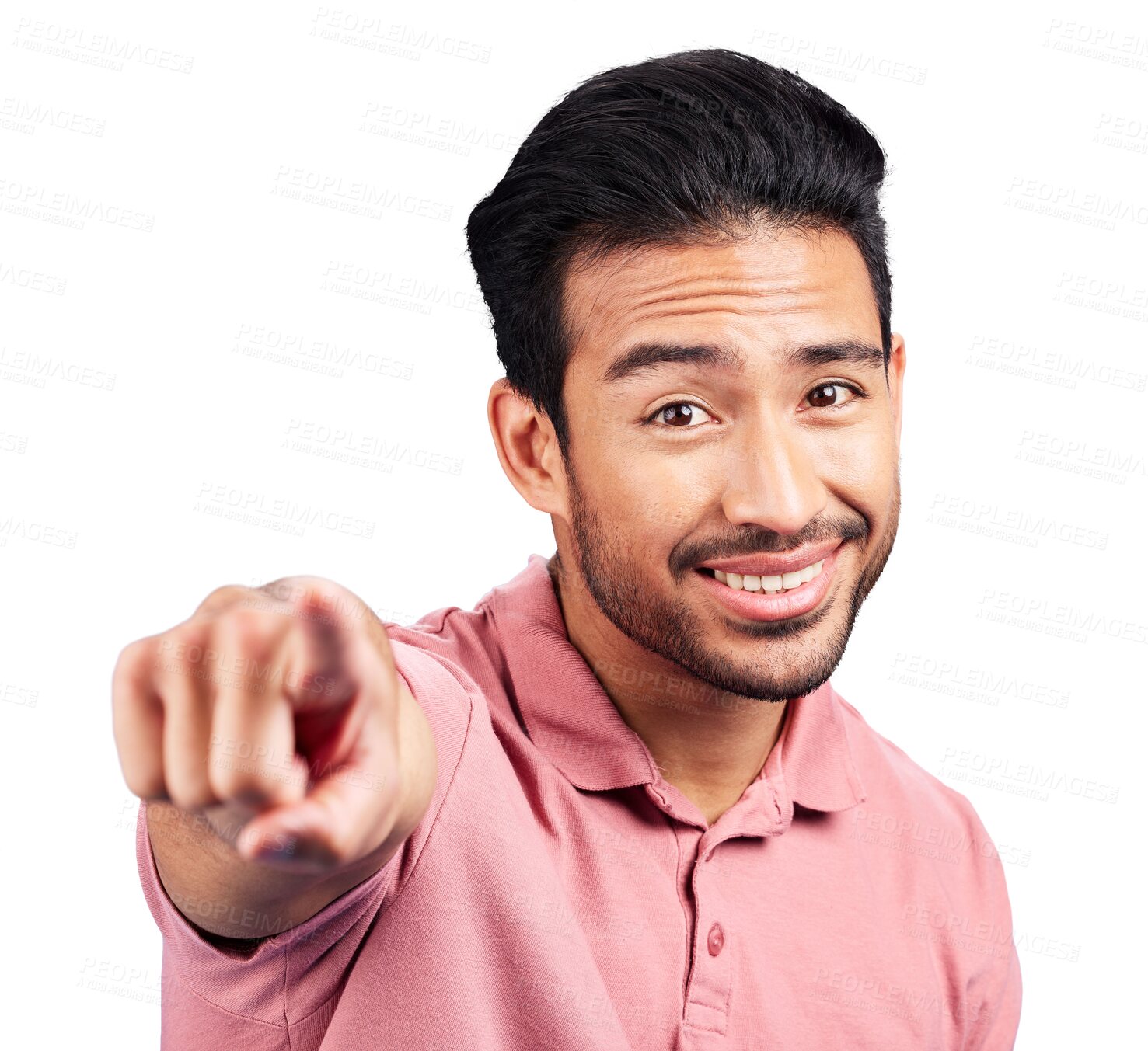 Buy stock photo Man, portrait and pointing for winner choice or you decision, isolated on transparent png. Asian person, yes hand gesture and smile for recruitment confident direction emoji, hiring or opportunity