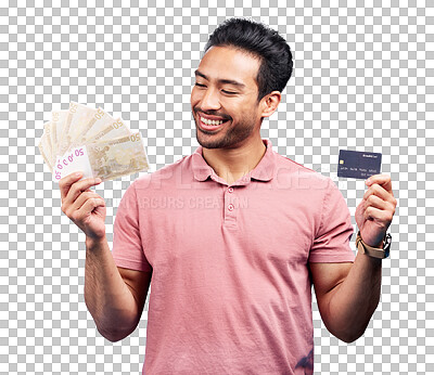 Buy stock photo Man, money fan and credit card with thinking for financial freedom, goals and choice by transparent png background. Isolated investor, trader and winner with smile for bonus cash, revenue and banking