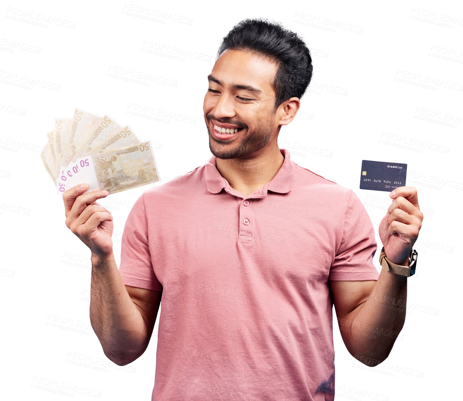 Buy stock photo Man, money fan and credit card with thinking for financial freedom, goals and choice by transparent png background. Isolated investor, trader and winner with smile for bonus cash, revenue and banking