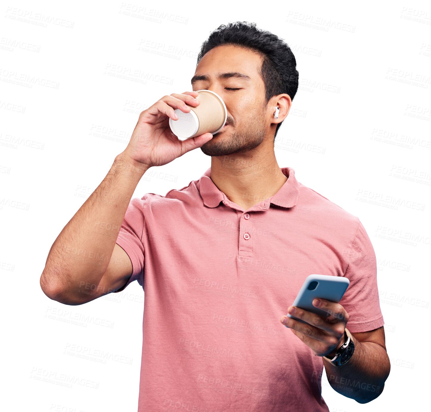 Buy stock photo Man, drinking and coffee with mobile for communication, music or streaming for listen with earphone. Asian person, hot beverage and enjoy for delicious taste on isolated or transparent png background