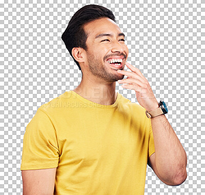 Buy stock photo Thinking, laugh and happy asian man with funny memory on isolated, transparent and png background. Face, smile and Japanese male model remember joke, comedy or silly idea, humor or positive attitude