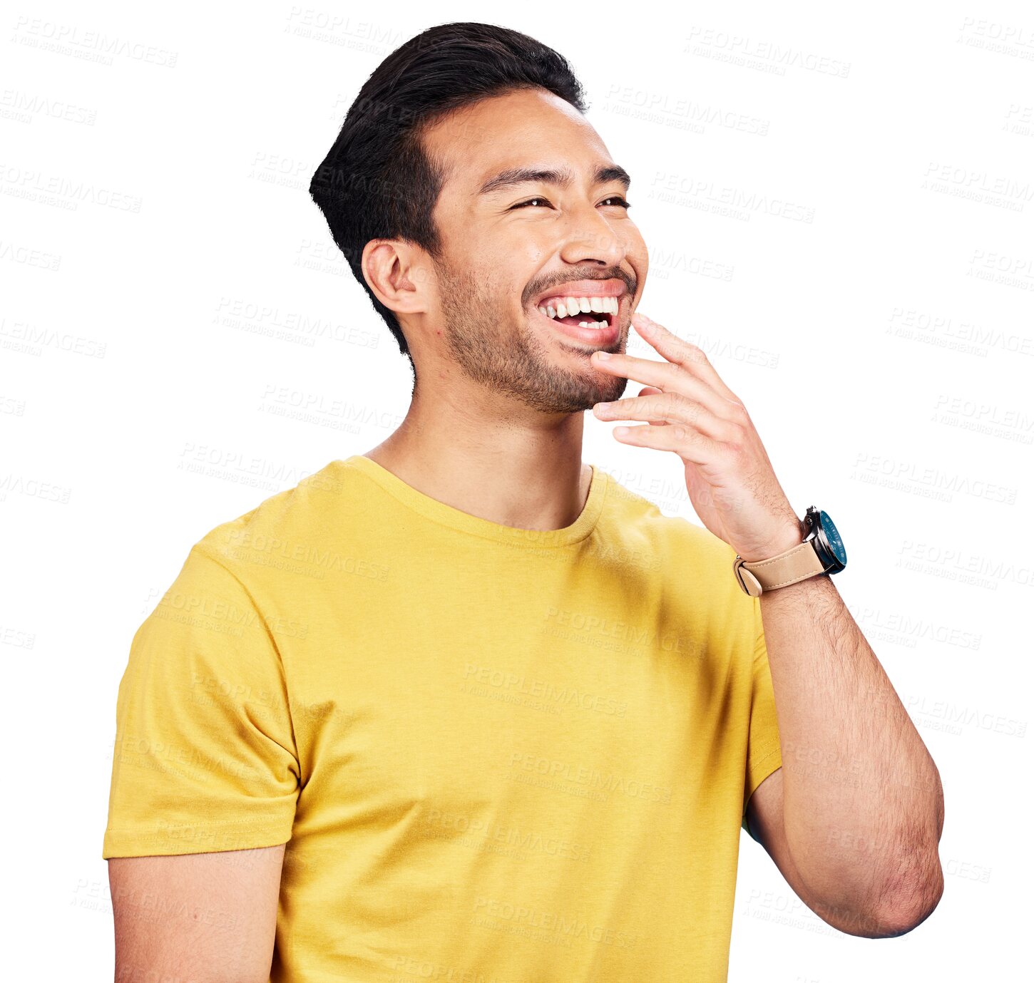 Buy stock photo Thinking, laugh and happy asian man with funny memory on isolated, transparent and png background. Face, smile and Japanese male model remember joke, comedy or silly idea, humor or positive attitude