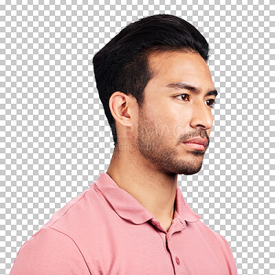 Buy stock photo Thinking, serious and man or vision for future, isolated and transparent png background. Asian male person, idea and face for contemplating, entrepreneur and planning for startup, growth and career