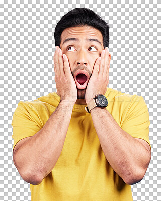 Buy stock photo Shock, omg and man or face, gossip and wow for news or isolated on transparent png background. Asian male person, surprise and wtf for announcement, secret and information or promo, emoji and what