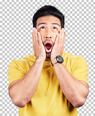 Buy stock photo Wow, surprise and hands off face of man looking up at announcement on isolated, transparent or png background. Omg, emoji and Japanese model with alarm, alert or shocked by news, offer or promotion