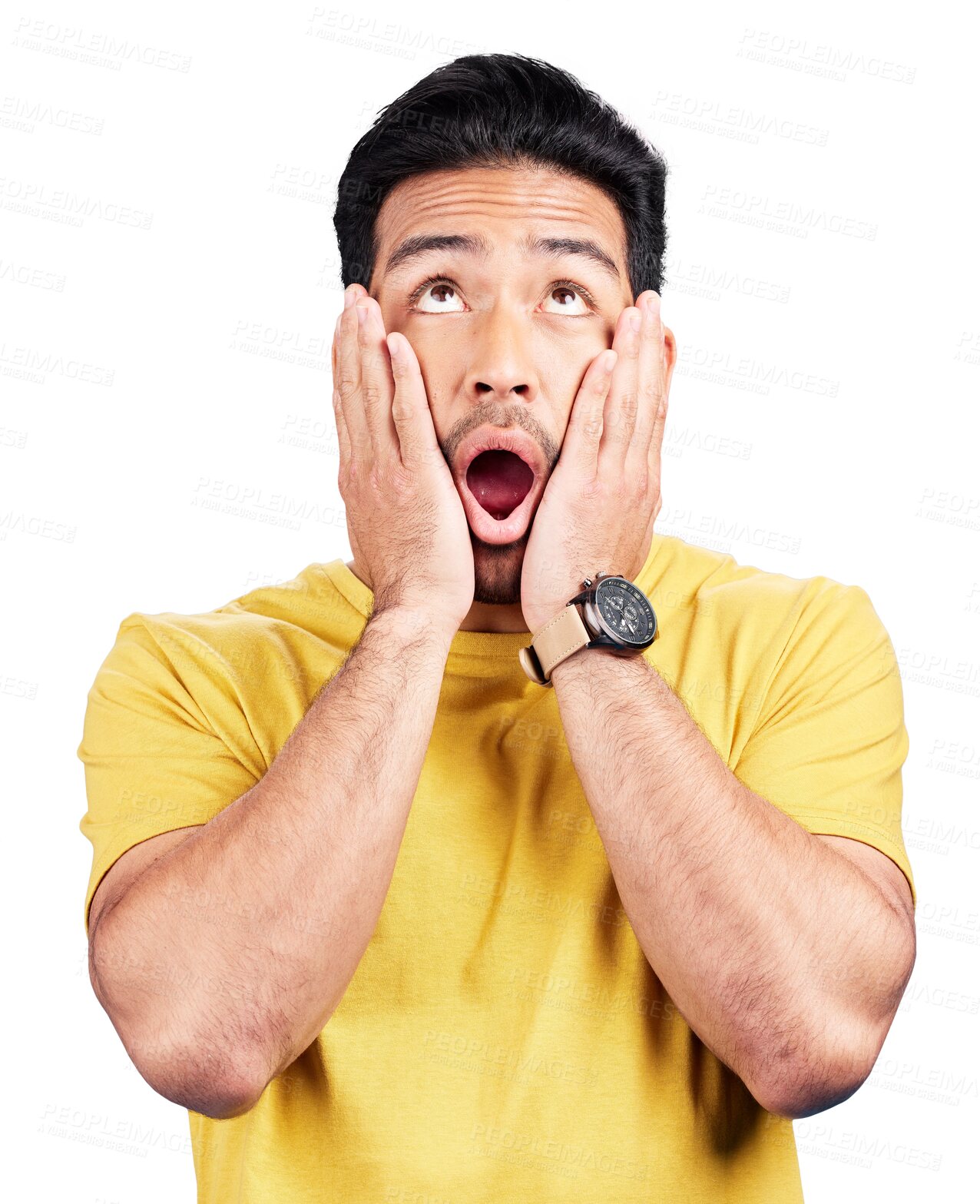 Buy stock photo Wow, surprise and hands off face of man looking up at announcement on isolated, transparent or png background. Omg, emoji and Japanese model with alarm, alert or shocked by news, offer or promotion