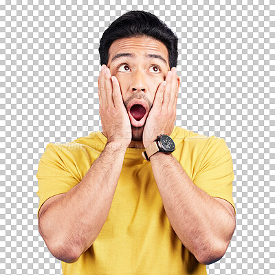 Buy stock photo Surprise, hands and man or face, gossip and omg for news or isolated on transparent png background. Asian male person, shock and wtf for announcement, secret and information or wow, emoji and what