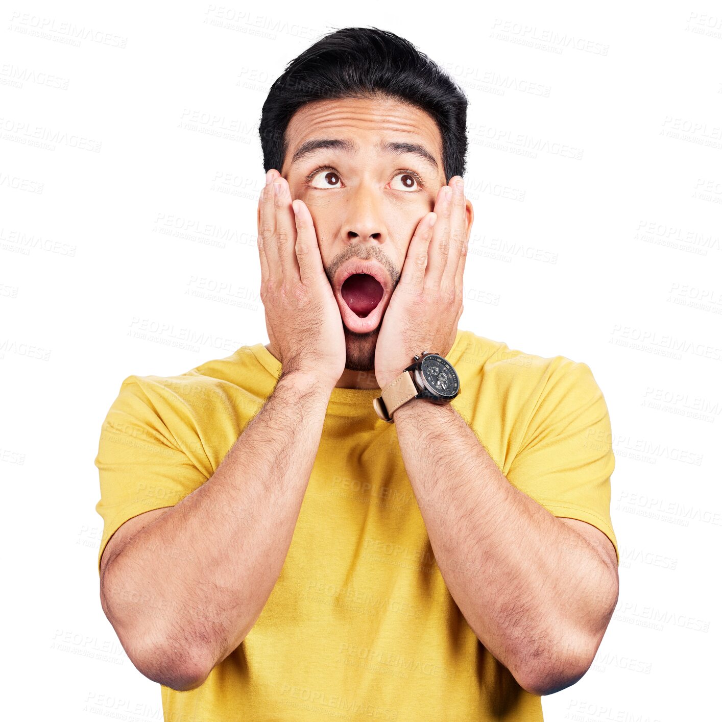 Buy stock photo Surprise, hands and man or face, gossip and omg for news or isolated on transparent png background. Asian male person, shock and wtf for announcement, secret and information or wow, emoji and what