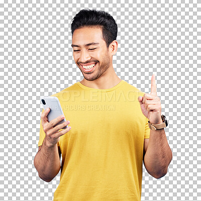 Buy stock photo Number one, phone and smile, man isolated on transparent png background for online question or idea. Happy person with mobile app, smartphone and review for internet website, choice and pointing up.