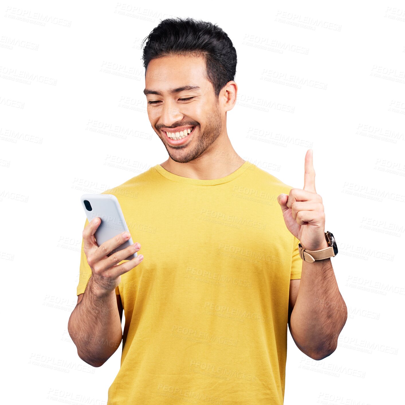 Buy stock photo Number one, phone and smile, man isolated on transparent png background for online question or idea. Happy person with mobile app, smartphone and review for internet website, choice and pointing up.