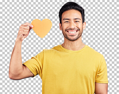 Buy stock photo Portrait, card and happy man with paper heart isolated on transparent png background with kindness, like and smile. Face of person with love sign, icon or emoji for peace, respect and romantic care.