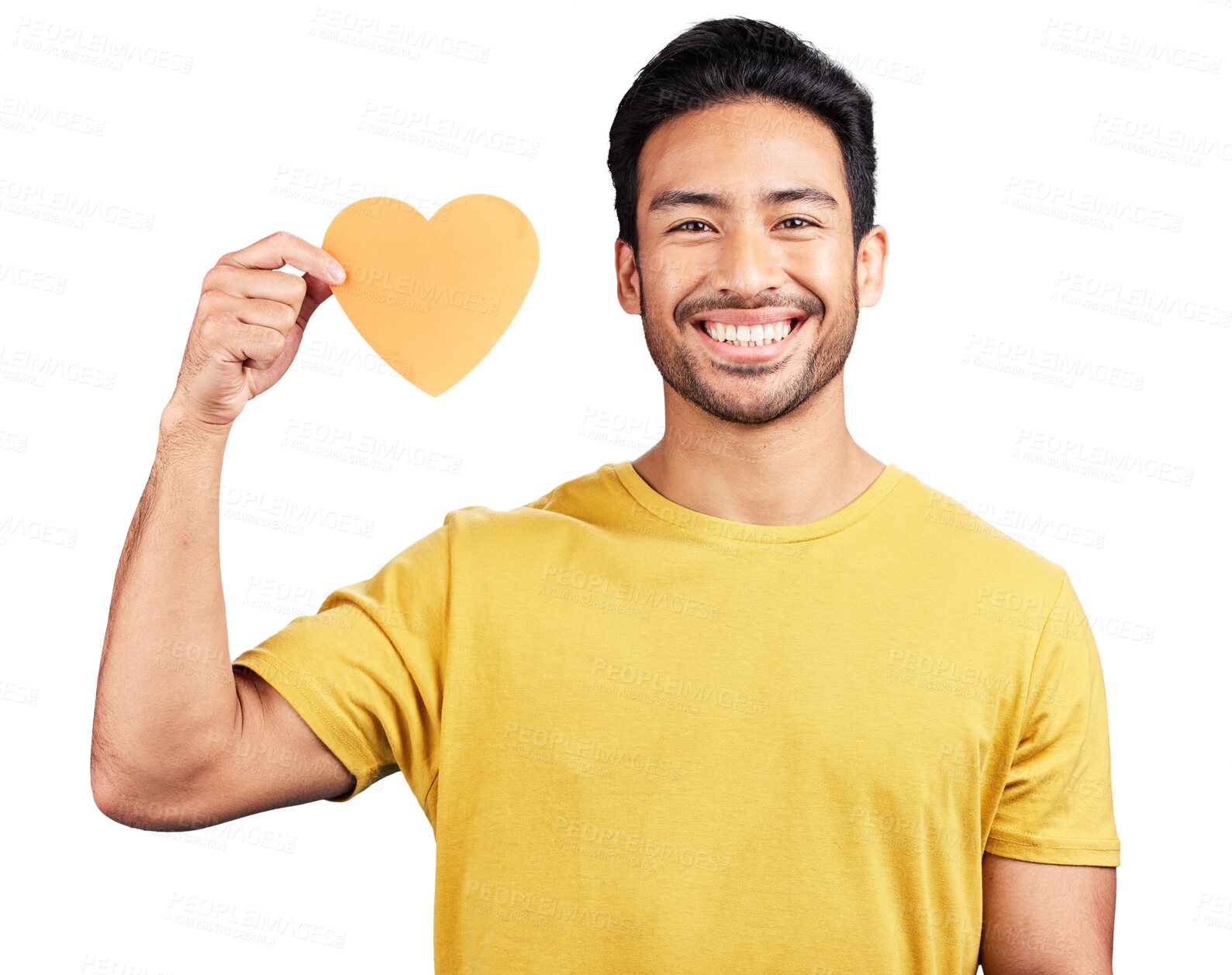 Buy stock photo Portrait, card and happy man with paper heart isolated on transparent png background with kindness, like and smile. Face of person with love sign, icon or emoji for peace, respect and romantic care.