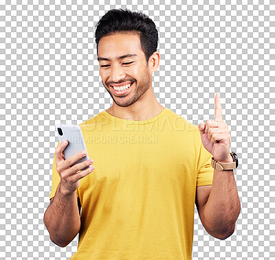 Buy stock photo Phone, smile and man with hand pointing up for announcement on isolated, transparent or png background. Smartphone, app and model with finger emoji for vote, first place or number one sign up promo