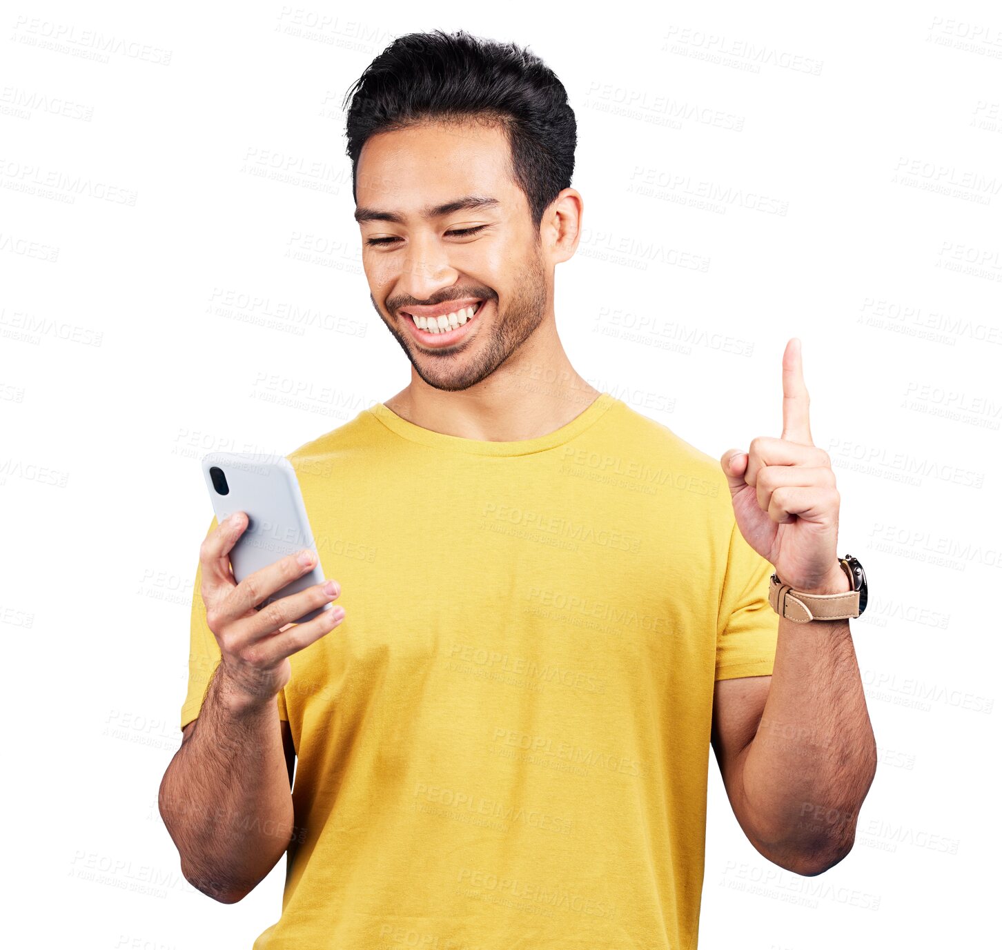 Buy stock photo Phone, smile and man with hand pointing up for announcement on isolated, transparent or png background. Smartphone, app and model with finger emoji for vote, first place or number one sign up promo