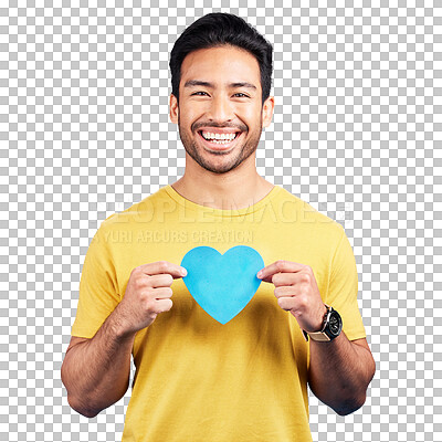 Buy stock photo Portrait, happiness and man with paper heart isolated on transparent png background with kindness, like and smile. Face of person with love sign, icon or emoji for peace, respect and romantic care