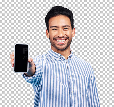 Buy stock photo Portrait, man and space with phone for advertising newsletter information isolated on transparent png background. Happy asian model show mobile screen for digital marketing, sign up deal or promotion