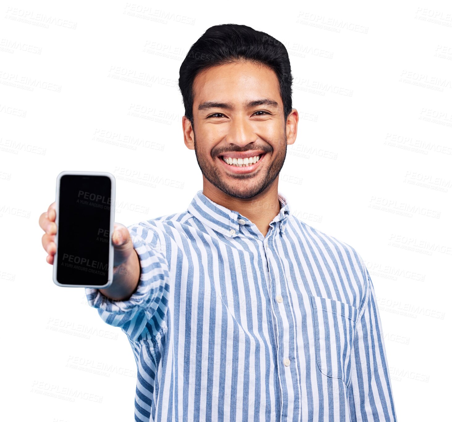 Buy stock photo Portrait, man and space with phone for advertising newsletter information isolated on transparent png background. Happy asian model show mobile screen for digital marketing, sign up deal or promotion