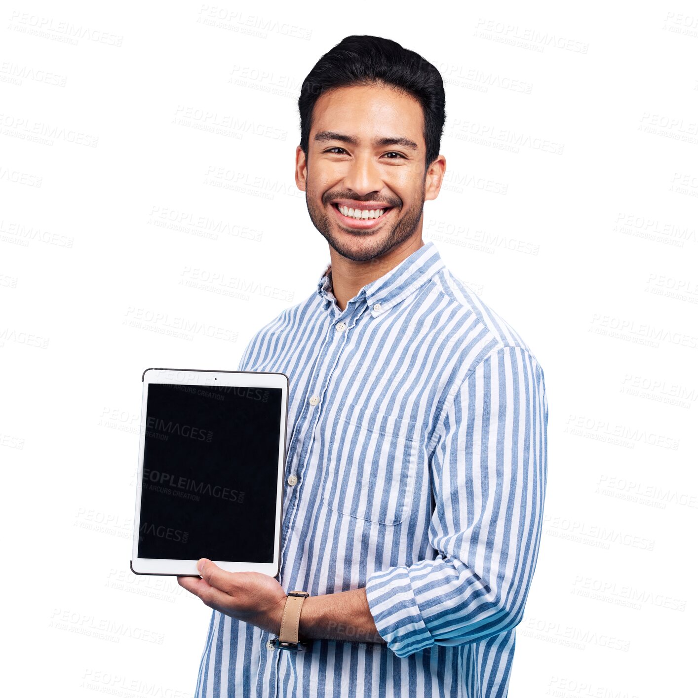 Buy stock photo Portrait, man and screen on tablet for advertising, review or sign up information isolated on transparent png background. Happy asian model, presentation and digital marketing of space for newsletter