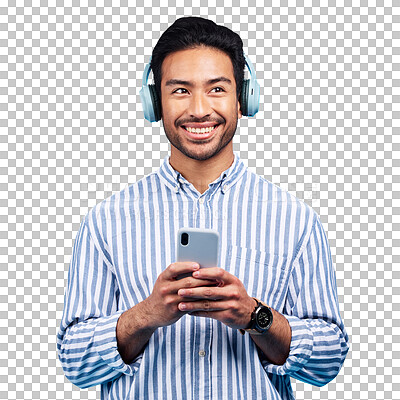 Headphones, music and thinking man with phone in studio for streaming, audio and subscription against blue background. Radio, smile and happy asian male online for podcast, track and internet app